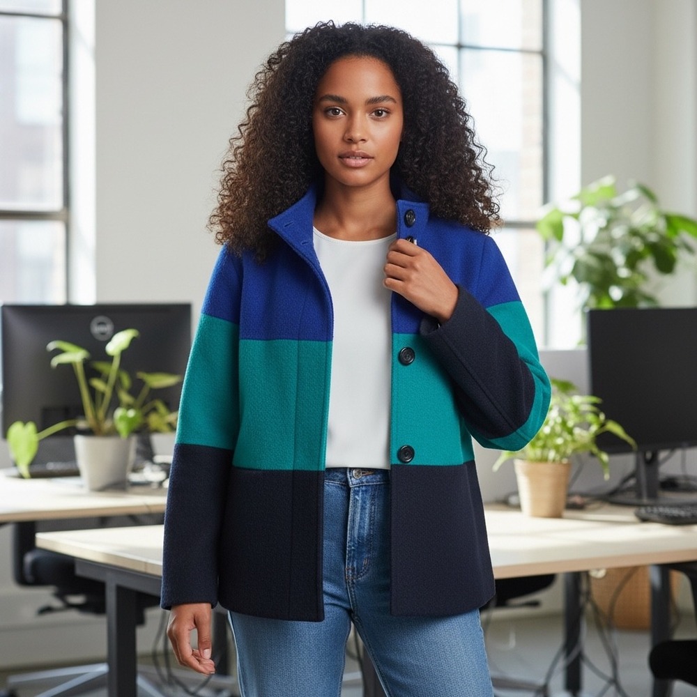 Appleseed's Petites 100% Wool Colorblock Funnel Neck Jacket Blue Teal PM A46065